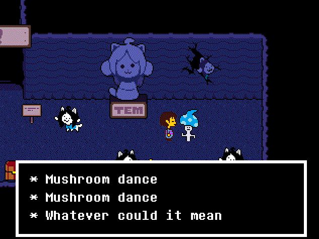 Image of the player chracter interacting with a mushroom NPC, which responds with 'Mushroom dance Mushroom dance Whatever could it mean'